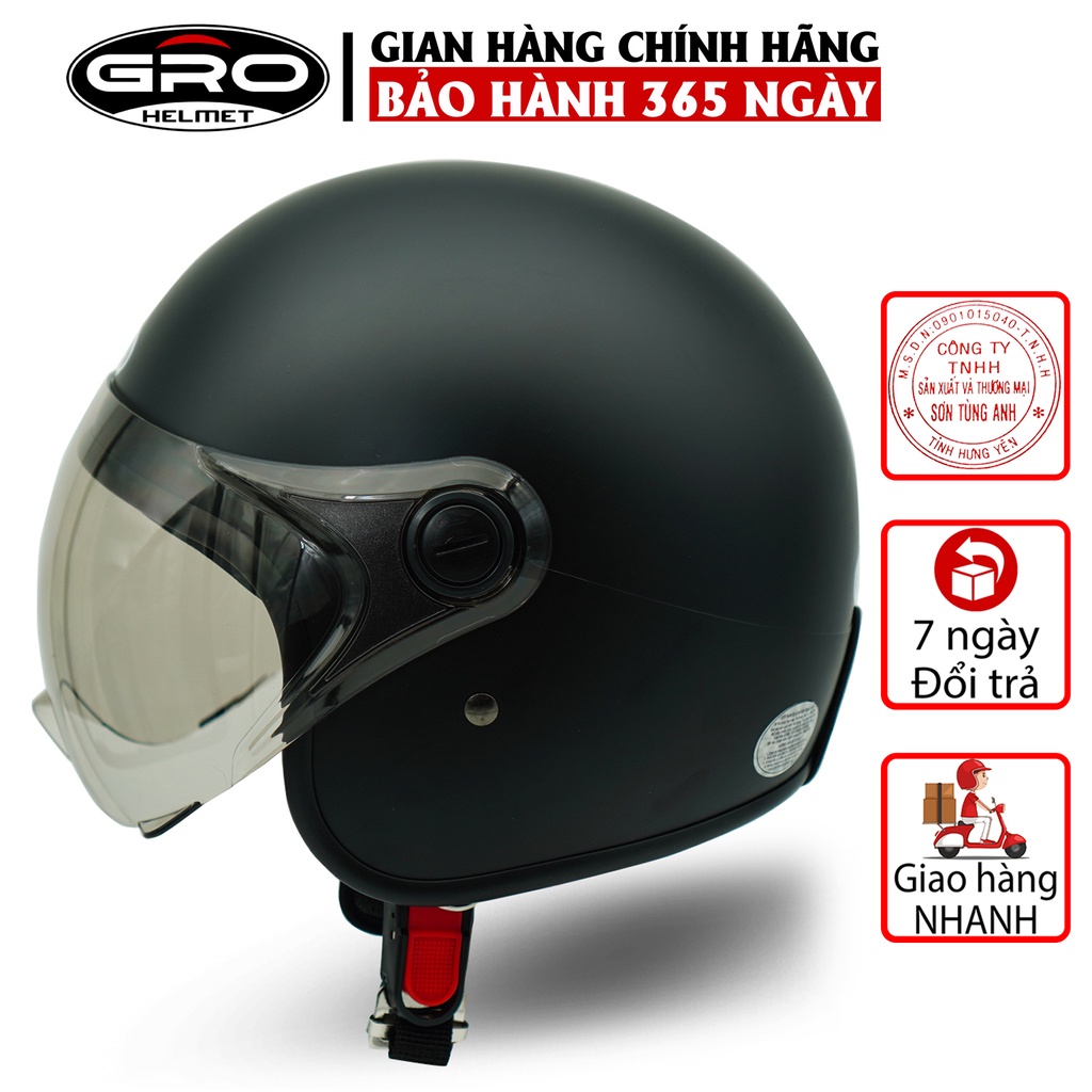 Mũ Bảo Hiểm 3/4 đầu GRO Helmet T818 có kính ngắn che nửa mặt, kiểu dáng thời trang cho nữ, khóa kim loại - Đen Nhám