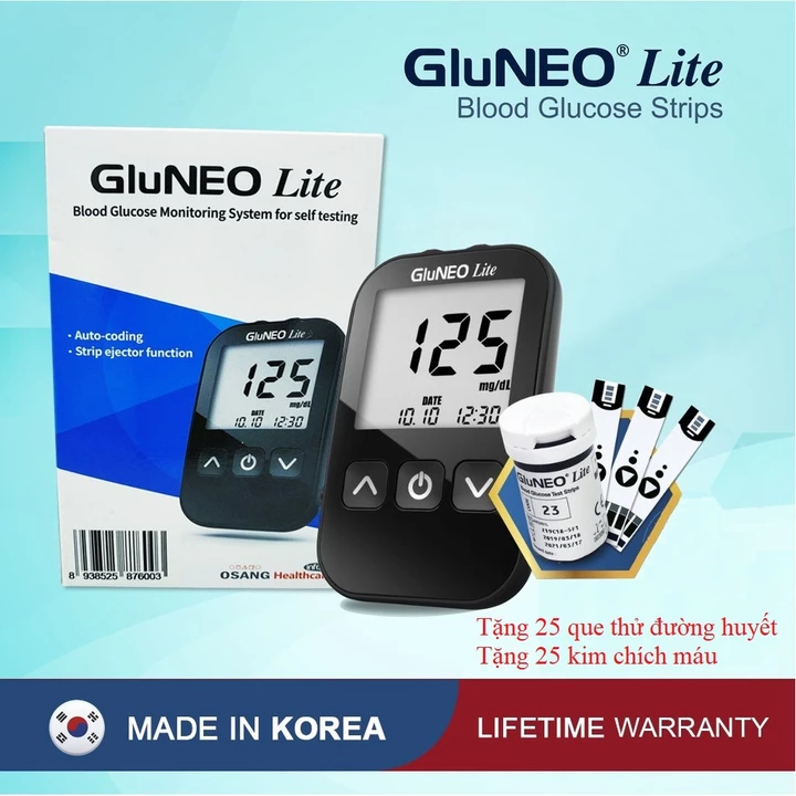 Máy Đo Đường Huyết GluNEO Lite - Tặng kèm 25 que thử đường huyết, 25 kim chích máu