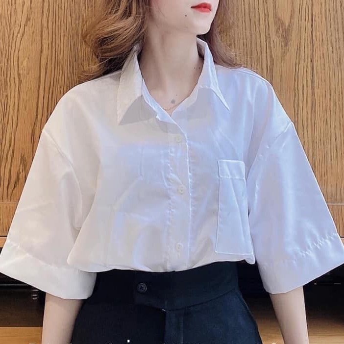 Áo Sơ Mi Trắng Nữ Form Rộng Tay Ngắn Lỡ Kiểu Dáng Basic Dáng Suông Style Đi  Học Sinh Viên Có Túi Ngực - 738 | Shopee Việt Nam