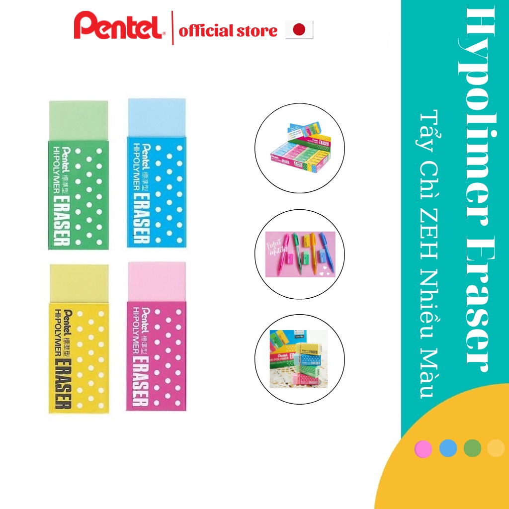 Ảnh Tẩy Chì Ít Bụi Pentel ZEH-05CME Nhiều Màu Sắc Tẩy Mềm Hạn Chế Rách Giấy An Toàn Sức Khoẻ 3