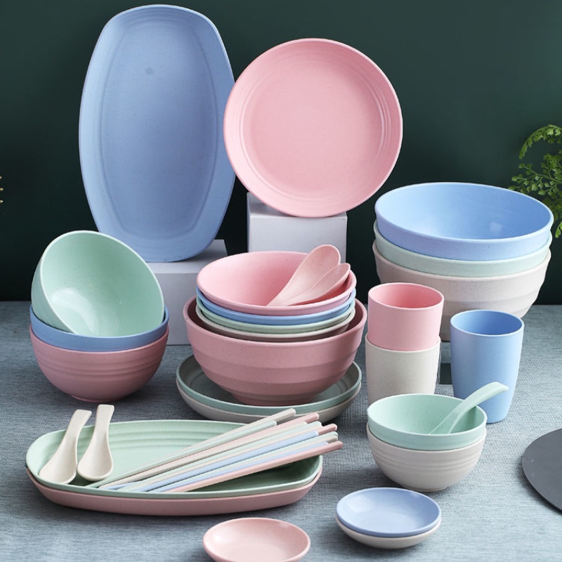 【Hàng sẵn sàng】 Rơm lúa mì Bộ đồ ăn Đũa Thìa Tách Đĩa ăn Bát Cơm Chống Rơi BPA Free Phong Cách Bắc âu Bộ đồ ăn đầy màu Sắc