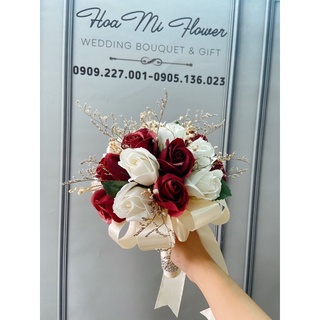 HOA CƯỚI CẦM TAY CÔ DÂU, BÓ HOA SÁP THƠM HOA HỒNG ĐỎ ĐÔ HOA HỒNG TRẮNG ĐIỂM BABY KHÔ