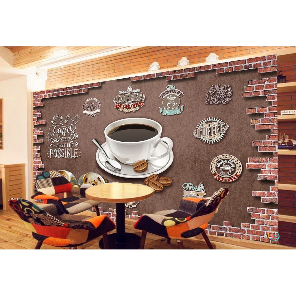 Tranh dán tường 3D Trang trí quán cà phê - VẢI LỤA phủ kim sa ...