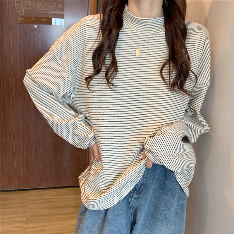 SUXI Áo Thun Tay Dài Cổ Lọ Hoạ Tiết Kẻ Sọc Thiết Kế Dáng Rộng Thoải Mái