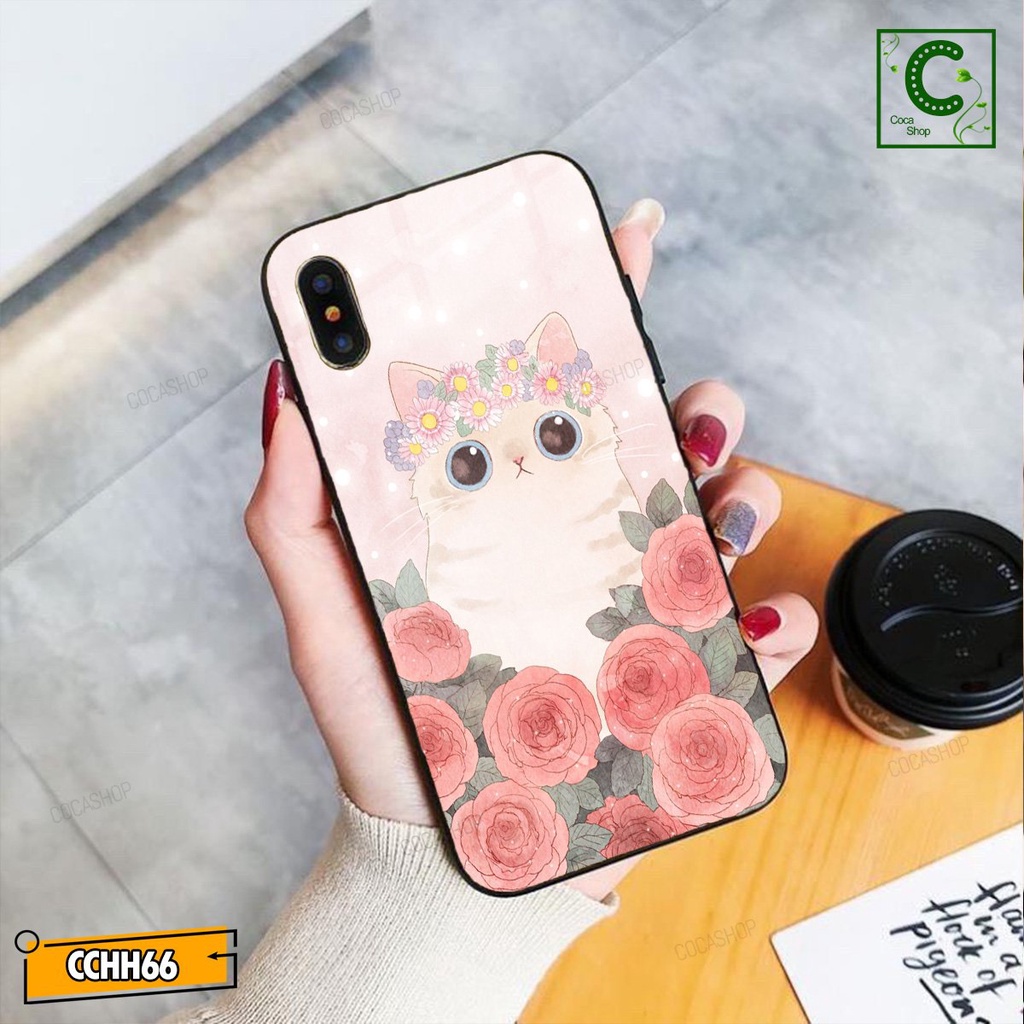 Ốp lưng iphone mặt kính cực đẹp - Chú mèo bên vườn hoa khoe sắc - 6/6plus/6s/6splus/7/7plus/8/8plus/x/.....