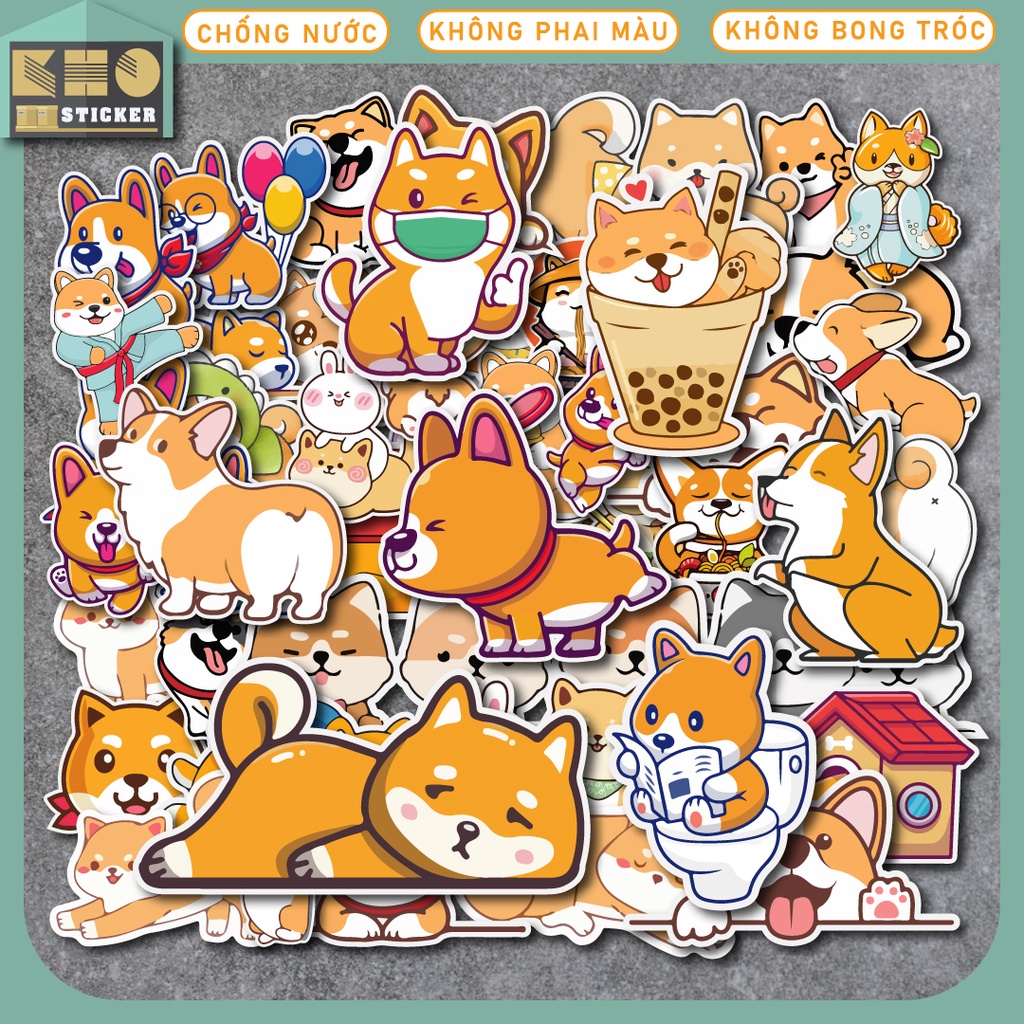 Combo 50 Sticker Chó Shiba chống nước sticker dán laptop, điện thoại ...