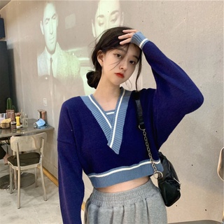 Áo Sweater Dệt Kim Cổ Chữ V Dáng Rộng Màu Sắc Tương Phản Thời Trang Cho Nữ
