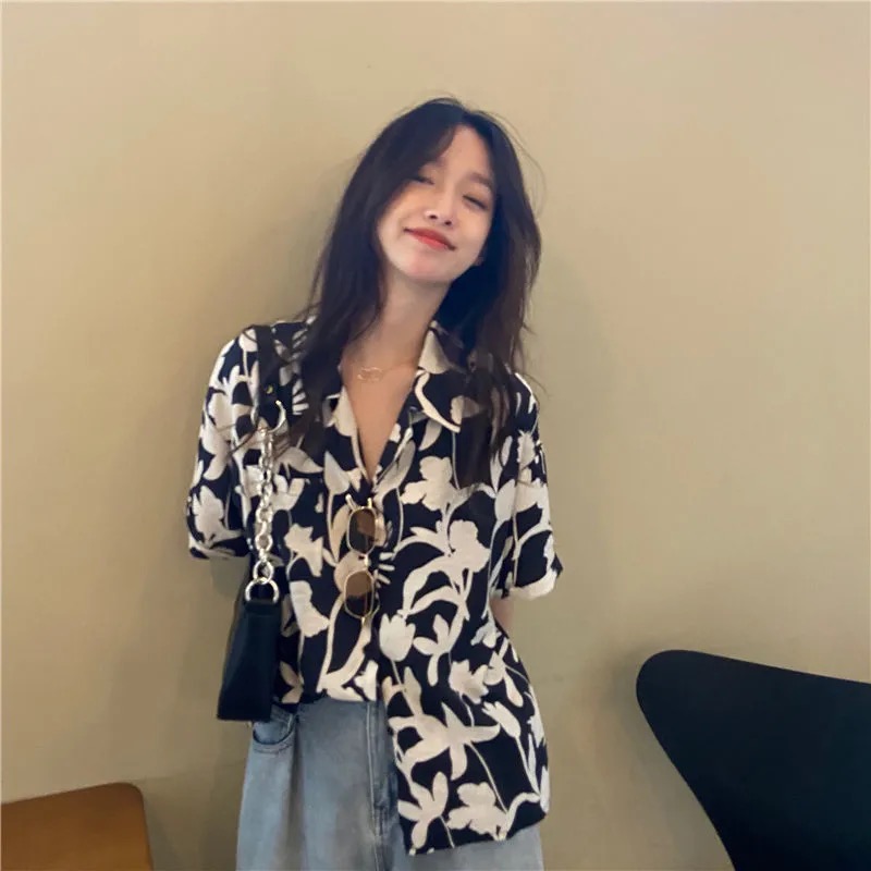 Áo sơ mi SUXI tay ngắn họa tiết hoa phong cách retro thời trang cho nữ
