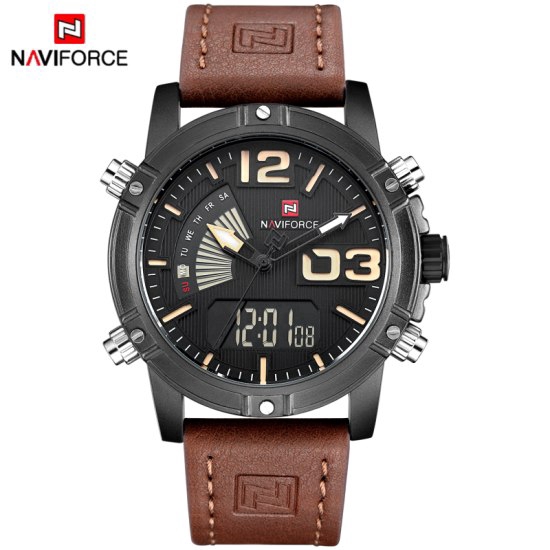 NAVIFORCE NF9095 Men Sport Fashion Leather Band Analog Digital Watch