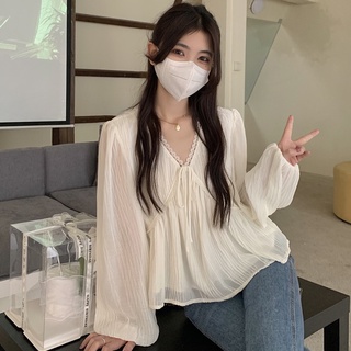 Hàng Mới Về Áo Chiffon Cổ Chữ V Xếp Ly Tay Dài Dáng Rộng Phong Cách Hàn Quốc Dành Cho Nữ Hàng Mới
