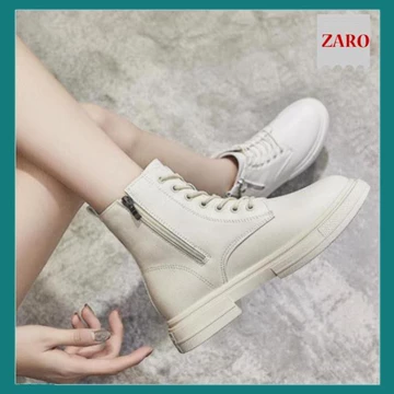 Giày Boots Nữ, Boots Nữ Cổ Thấp 3cm Hai Khóa Hot Hit Siêu Đẹp Hai Màu Đen Kem Minhtushoes Giày Nữ Cao cấp