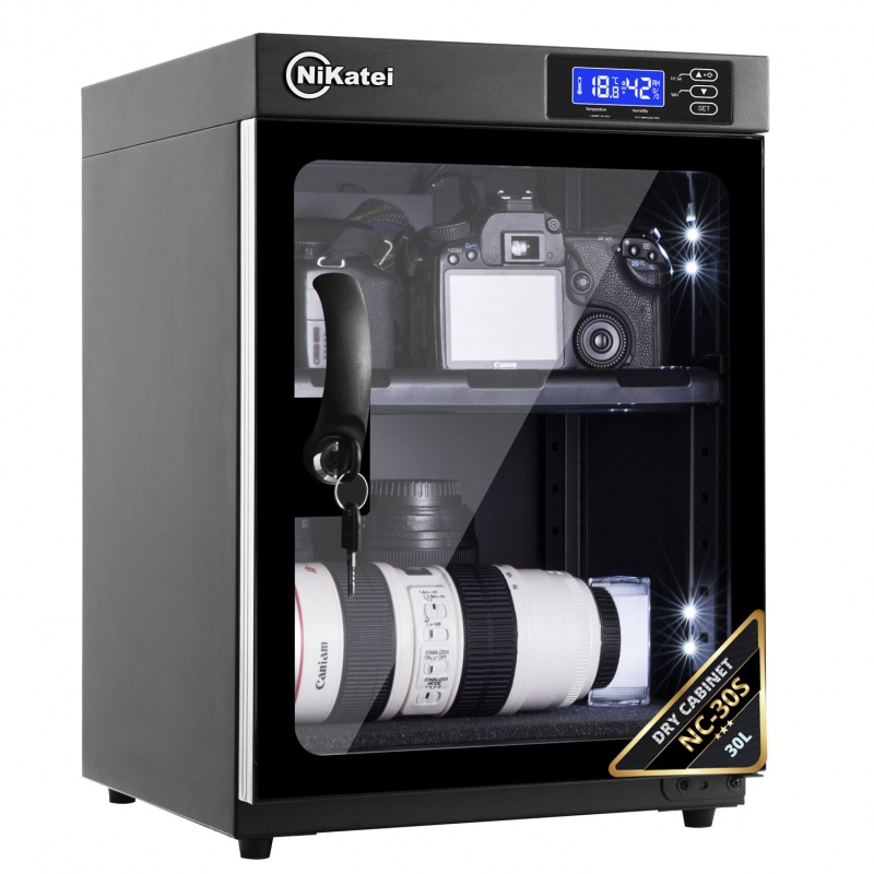 Tủ chống ẩm NC-30S 30Lit, cửa kính 2 lớp chịu va đập, tủ hút ẩm điều khiển độ ẩm giúp bảo vệ máy ảnh