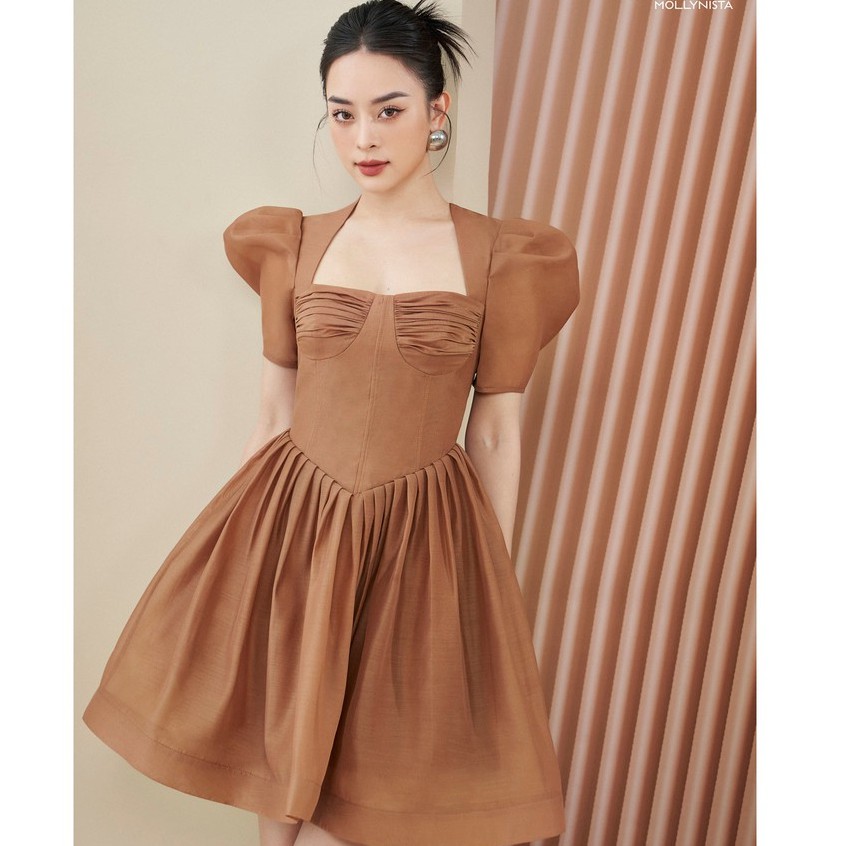 Mollynista – Đầm Choco organza cúp nhúm tay phồng tiểu thư quyến rũ nữ tính