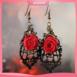 Đôi bông tai ren đen đính hoa hồng đỏ phong cách vintage thời trang dành cho nữ