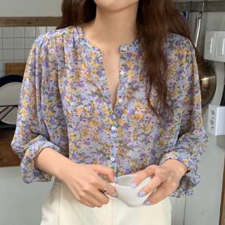 Phong cách hàn quốc nữ nữ dáng rộng voan hoa áo sơ mi dài tay baju baju wanita lengan panjang