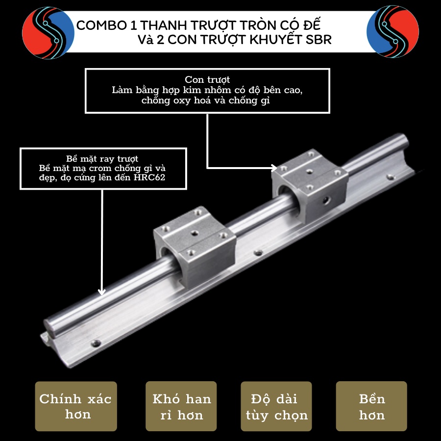 Combo Thanh Ray Trượt có đế phi 16 dài 1.5m và 2 con trượt SBR16UU . Ty ...