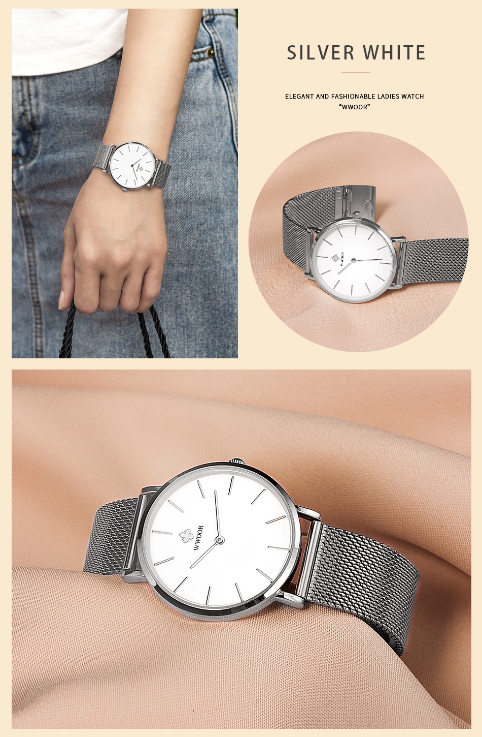 Mô tả Đồng Hồ Quartz WWOOR Chất Liệu Thép Không Gỉ Mạ Vàng Hồng Chống Thấm Nước Reloj Mujer-8840 - 10