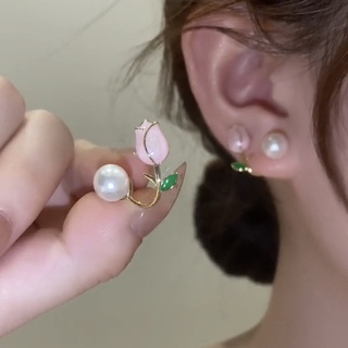 Bông Tai Kim Loại Hình Hoa Tulip Đính Ngọc Trai Phong Cách Nhật Hàn Thanh