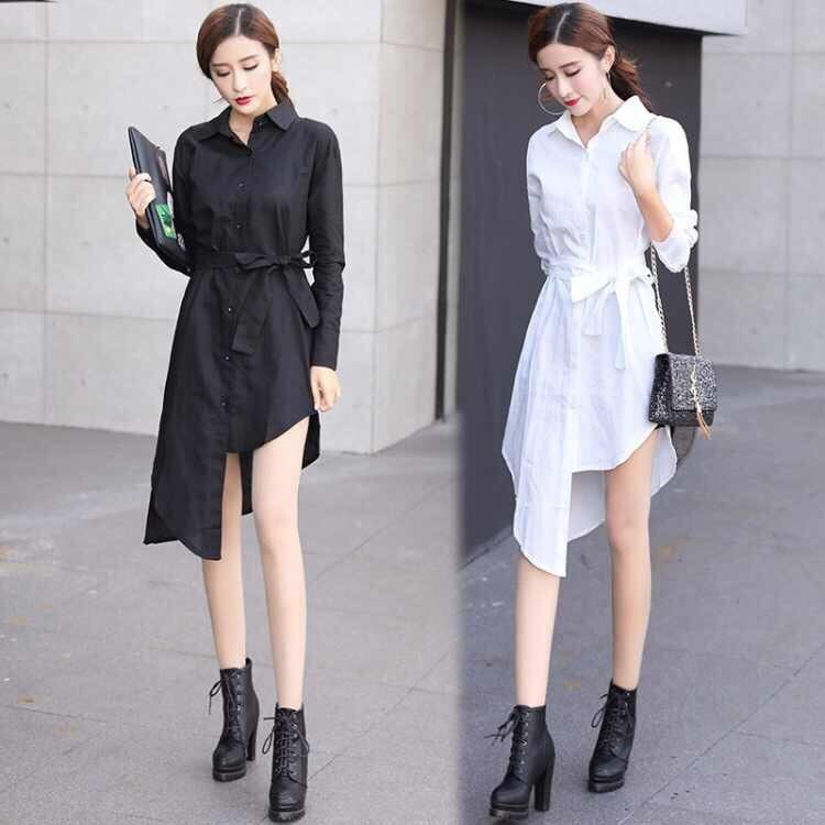 Áo sơ mi không đều màu trắng trơn Áo sơ mi nữ cỡ lớn mới