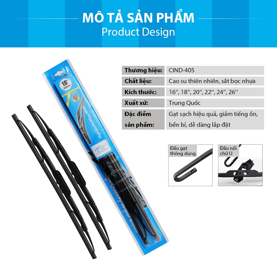 Combo 2 Gạt Mưa Ô Tô Gọng Sắt CIND 405 (14inch/350mm) Phù Hợp Cho Nhiều Dòng Xe Ô Tô Xe Hơi Có Móc Cong Chữ U