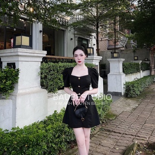 Váy Đen Cổ Vuông Tay Rúm Khuy Ngọc Sang Chảnh