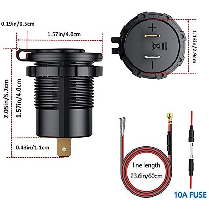 Ổ Cắm Sạc Nhanh QC 3.0 12V Cổng USB Type C Có Công Tắc ON/Off Màu Đỏ Cho Xe Hơi Xe Máy RV ATV
