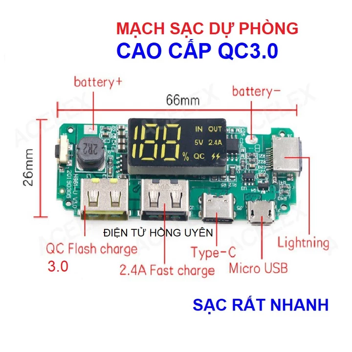 Mạch sạc dự phòng Sịn - Nhiều cổng SẠC NHANH. Có LCD hiển thị, Mạch không giới hạn số lượng pin -DIY Sạc dự phòng