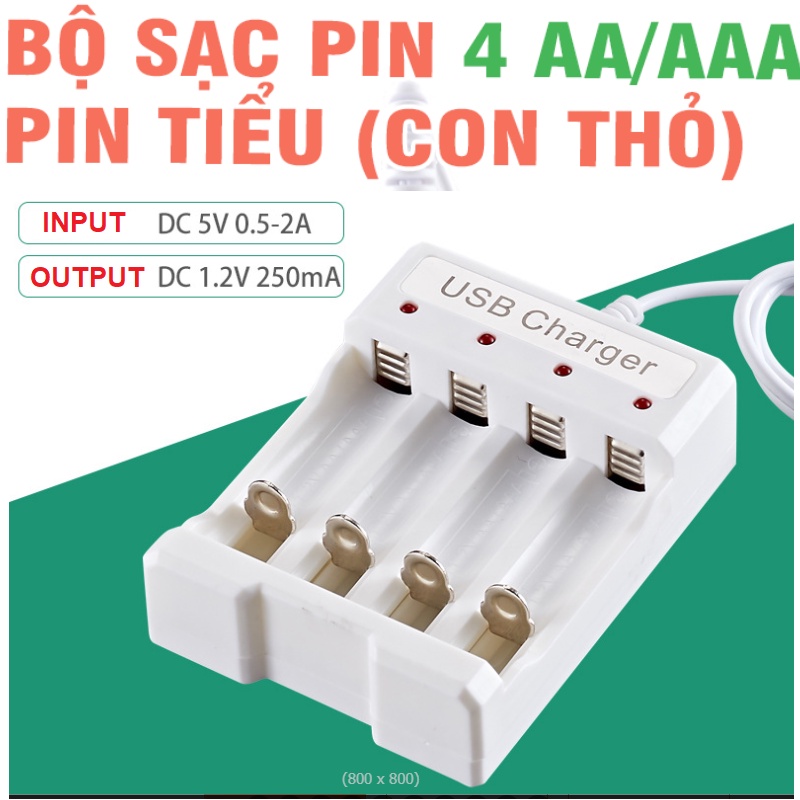 Bộ sạc pin con thỏ AA/AAA cổng USB dùng điện vi tính, sạc điện thoại ...