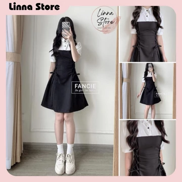 🍉đầm tiểu thư🍉 váy tiểu thư🍉Đầm Liền Thân 2 Dây Màu Đen Buộc Eo Dáng Vừa Dễ Thương, vải lụa đũi cao cấp mặc thoáng má