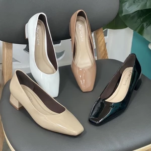 Giày cao gót 3 phân mũi vuông Annmodels gót vuông chất liệu xi bóng cao cấ phong cách công sở_A3004X