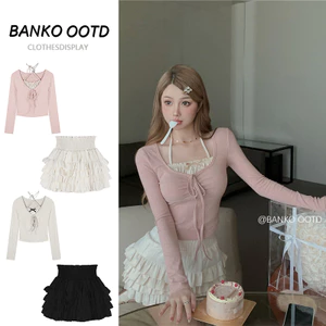 【Hàng giao ngay】Áo Thun Ngắn Tay Dài / Váy Tầng Cạp Cao Ôm Dáng Buộc Dây Cho Nữ (Đặt Hàng Riêng Biệt)