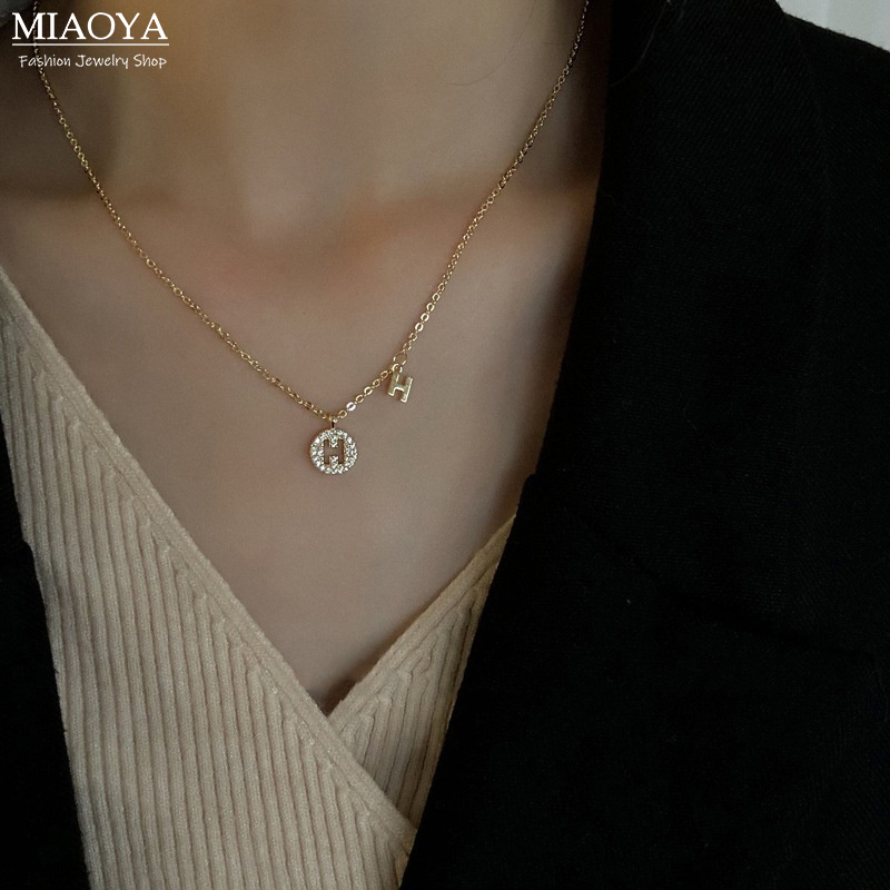 MIAOYA Vòng cổ Mặt Tròn Khắc Chữ H Đính Đá Zircon Nhiều Màu Sắc Thời Trang Cho Nữ