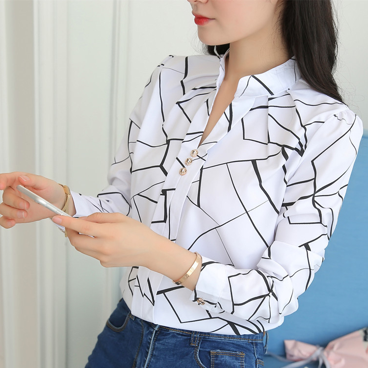 MY S-3XL Cổ Chữ V Gấp Bust Mới Áo Sơ Mi Trắng Nữ Tay Dài Đáy Mỏng Phù Hợp Với Chuyên Nghiệp