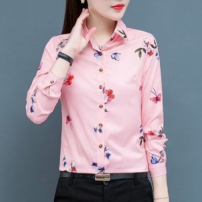 Hoa Của Tôi Bướm Mới Áo Sơ Mi Trắng Nữ Tay Dài Slim Bướm Áo Sơ Mi In Hình Hoa
