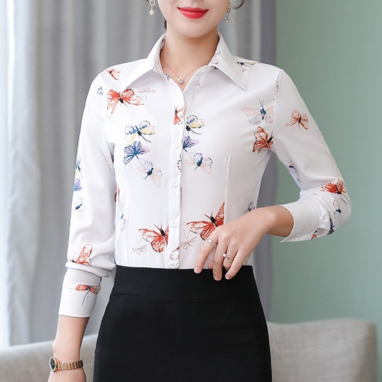 Hoa Của Tôi Bướm Mới Áo Sơ Mi Trắng Nữ Tay Dài Slim Bướm Áo Sơ Mi In Hình Hoa