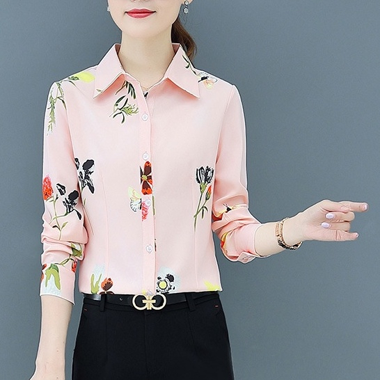 Hoa Của Tôi Bướm Mới Áo Sơ Mi Trắng Nữ Tay Dài Slim Bướm Áo Sơ Mi In Hình Hoa