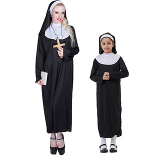 Bé Gái Đáng Yêu Nun Trang Phục Halloween Trẻ Em Người Lớn Mẹ Cao Cấp Trang Phục Đen Mary Linh Mục Truyền Thống Nữ Tu Trang Phục Cha Mẹ-Con Trò Chơi Tiệc Đen Wed Họ Addams Cosplay Dacce Dress