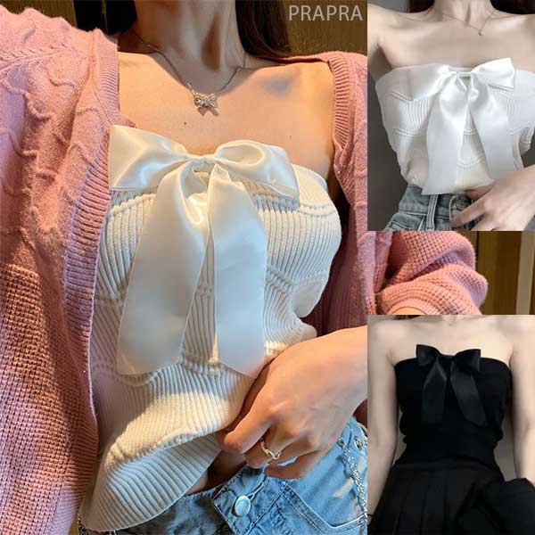 Áo ống croptop dệt kim phối nơ quyến rũ cho nữ