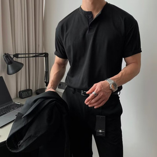 Hàn Quốc Ánh Sáng Sang Trọng Ba Nút Cotton Nguyên Chất Áo Thun Nữ Tay Ngắn Nam Cổ Tròn Áo Thun Slim-Fit Nửa Tay Top Mùa Hè Tay Ngắn