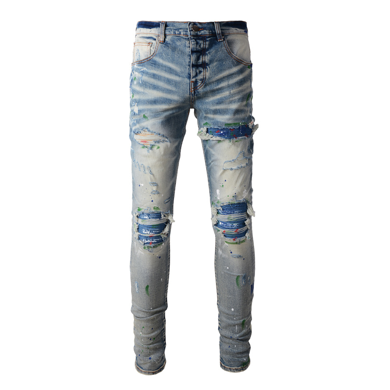 Quần Jean Nam Thời Trang Châu Âu Mỹ Đường Phố Hợp Thời Trang Hip-Hop Micro-Elastic Rửa Đau Khổ Rách Miếng Dán Xịt Sơn Bắn Mực Giữa Eo