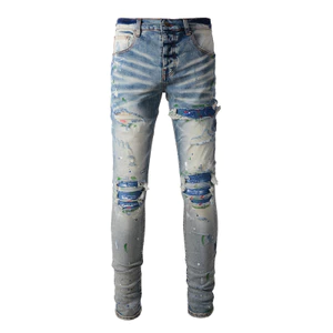 Quần Jean Nam Thời Trang Châu Âu Mỹ Đường Phố Hợp Thời Trang Hip-Hop Micro-Elastic Rửa Đau Khổ Rách Miếng Dán Xịt Sơn Bắn Mực Giữa Eo