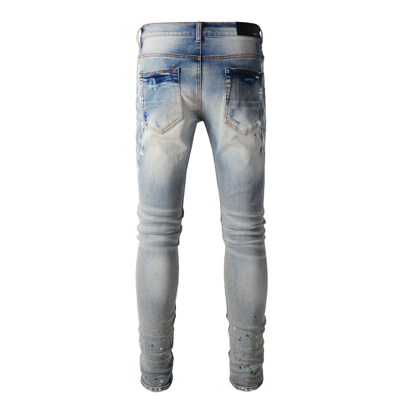 Quần Jean Nam Thời Trang Châu Âu Mỹ Đường Phố Hợp Thời Trang Hip-Hop Micro-Elastic Rửa Đau Khổ Rách Miếng Dán Xịt Sơn Bắn Mực Giữa Eo