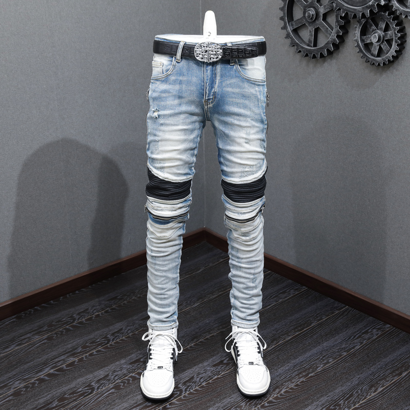 Amiri Streetwear Fashion Men Jeans Retro Blue Elastic Slim Fit Ripped Jeans Men Spliced Designer 5027