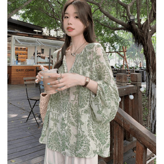 Áo Kiểu Tay Dài Cổ Tròn Hoạ Tiết Hoa Thiết Kế Dáng Rộng Thời Trang Hàn Quốc