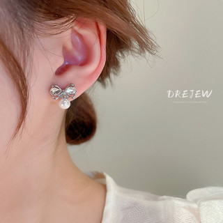DREJEW Khuyên tai hình nơ đính kim cương và ngọc trai giả ngọt ngào đơn giản