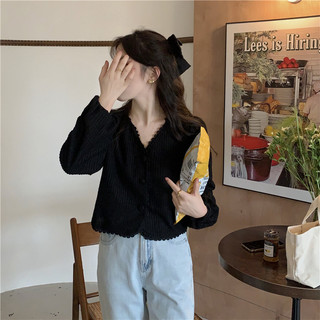 Áo sơ mi tay dài nữ phong cách Hàn Quốc, cổ chữ V ren ruffled