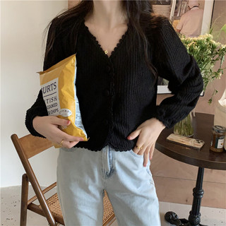 Áo sơ mi tay dài nữ phong cách Hàn Quốc, cổ chữ V ren ruffled