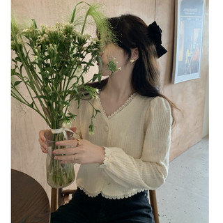 Áo sơ mi tay dài nữ phong cách Hàn Quốc, cổ chữ V ren ruffled