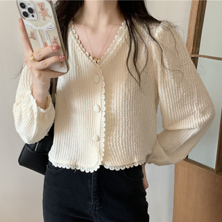 Áo sơ mi tay dài nữ phong cách Hàn Quốc, cổ chữ V ren ruffled