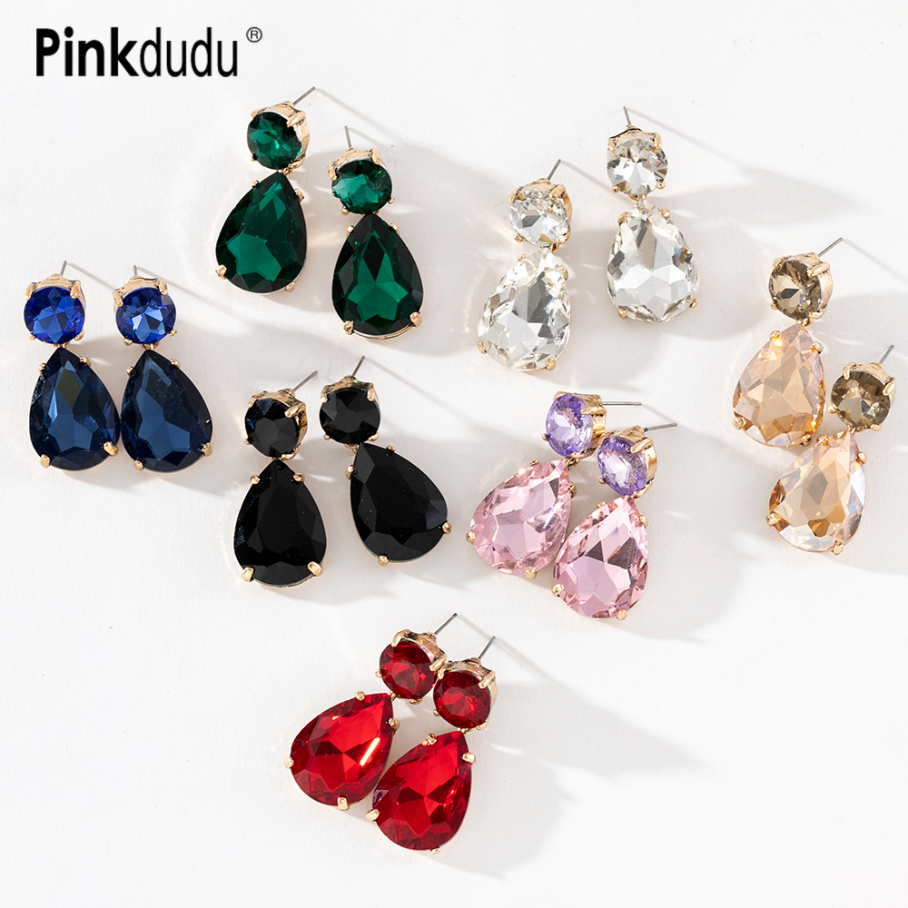 Ảnh Khuyên tai PINKDUDU PD593 bằng hợp kim đính đá hình giọt nước 7 màu sắc phong cách đơn giản 1